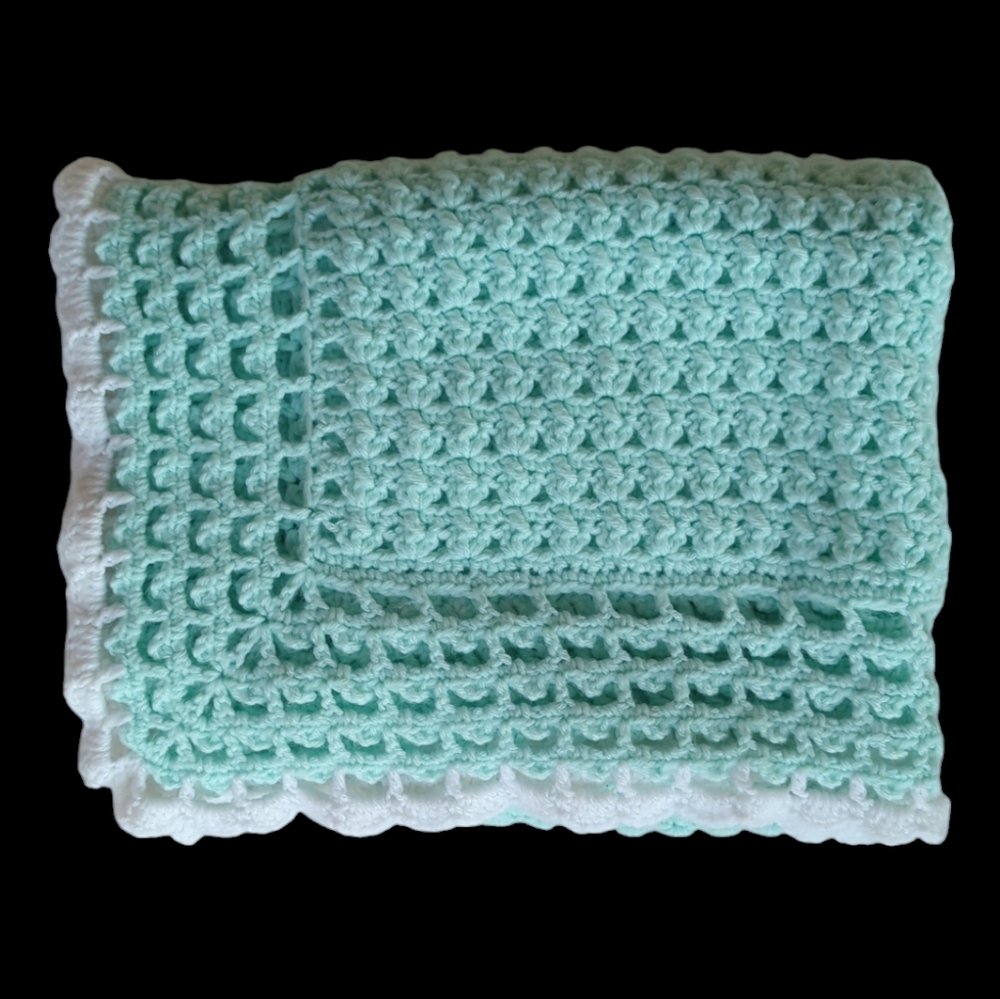 NEW Handmade Crochet Mint Green Baby Blanket Green White